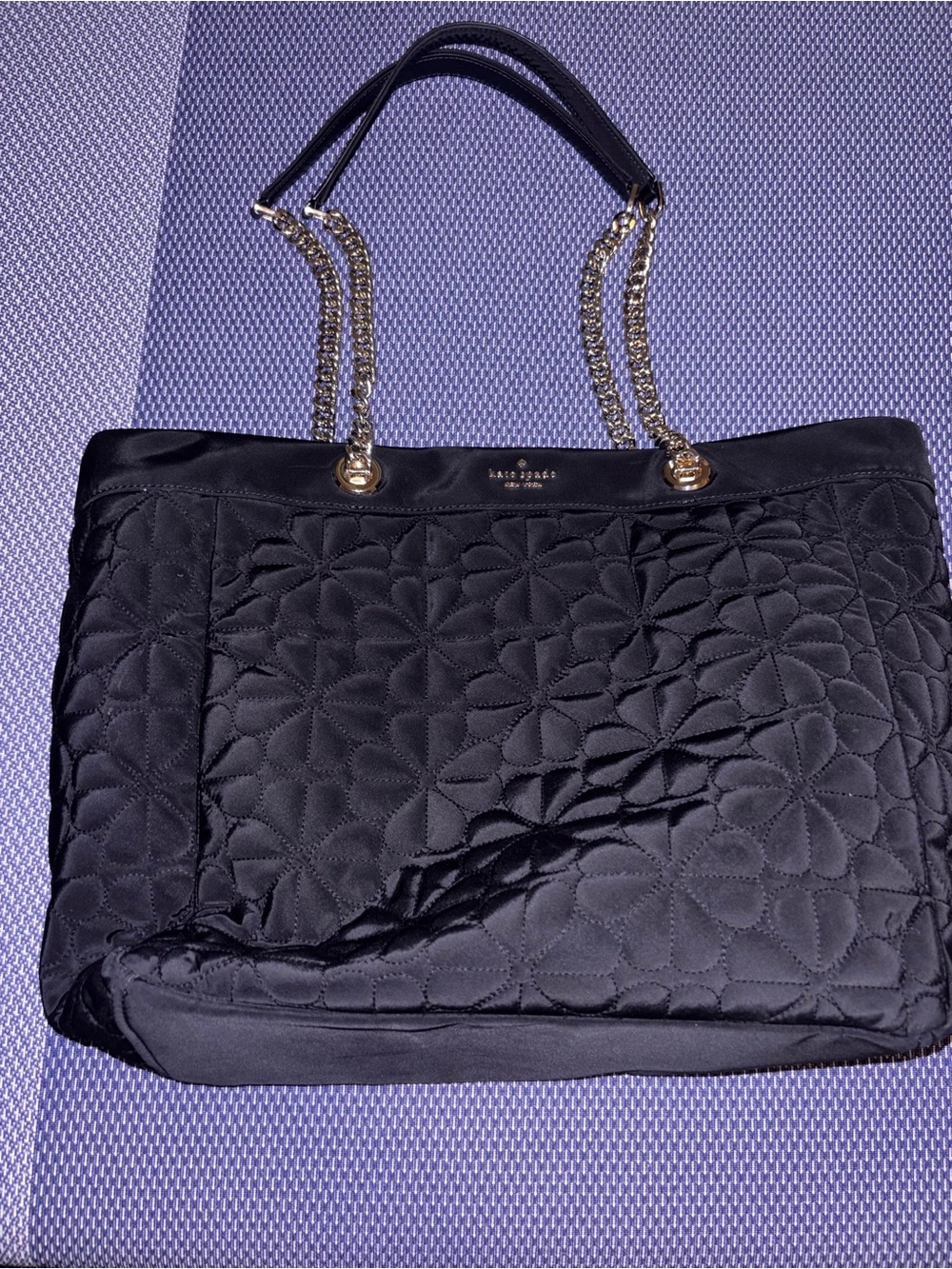 kate spade Black Quilted Floral Tote with Gold Chain Handles